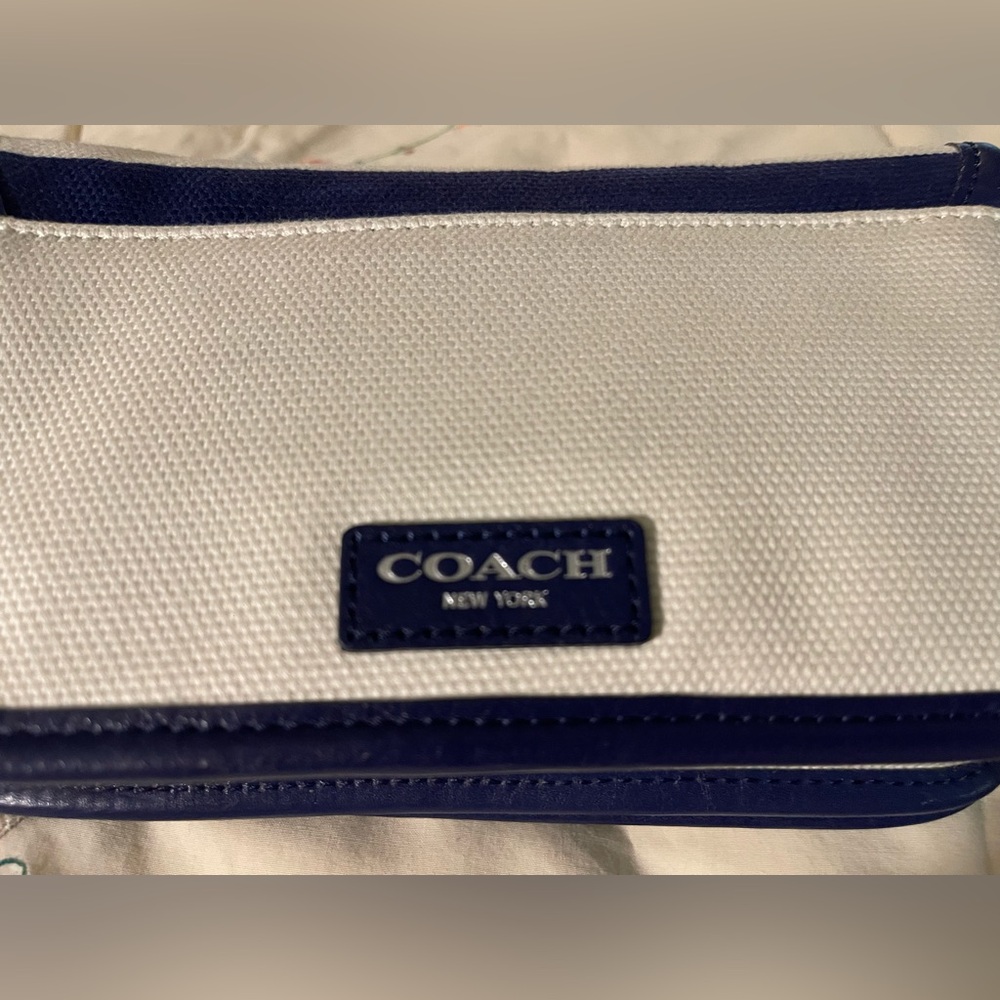 Stylish Striped Coach Legacy Crossbody Bag in Blue and White